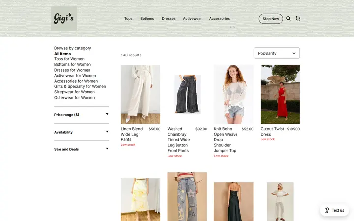 Website page titled Shop All – Boho Women’s, Kids & Baby Clothing, Accessories & Gifts | Gigi's Boutique
