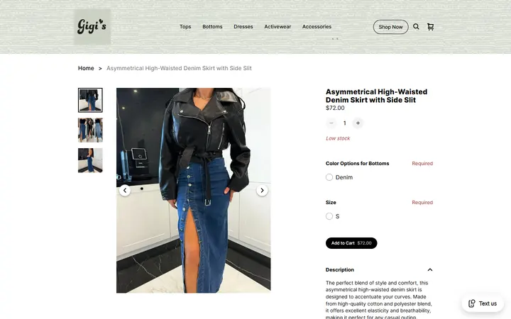 Website page titled Asymmetrical High-Waisted Denim Skirt with Side Slit | Gigi's Boutique