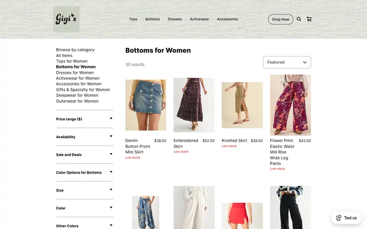 Website page titled Bottoms for Women | Gigi's Boutique