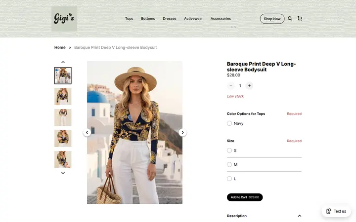 Website page titled Baroque Print Deep V Long-sleeve Bodysuit | Gigi's Boutique
