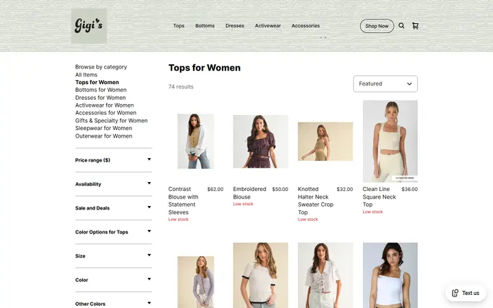 Website page titled Tops for Women | Gigi's Boutique