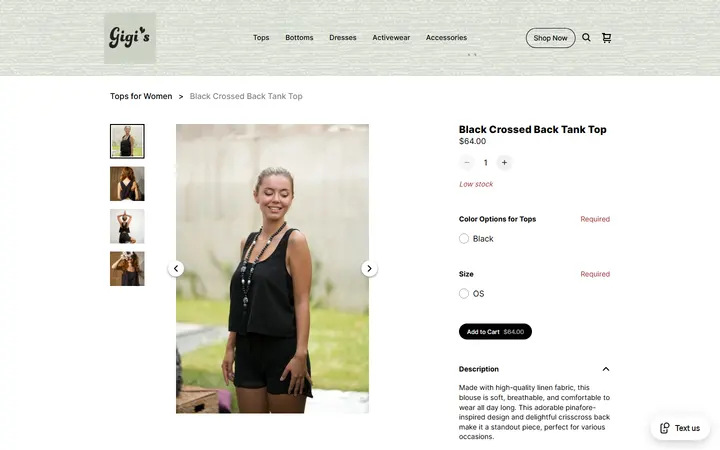 Website page titled Black Crossed Back Tank Top | Gigi's Boutique