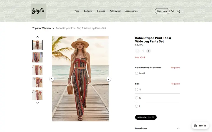 Website page titled Boho Striped Print Top & Wide Leg Pants Set | Gigi's Boutique