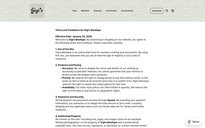 Website page titled Terms & Conditions | Gigi's Boutique