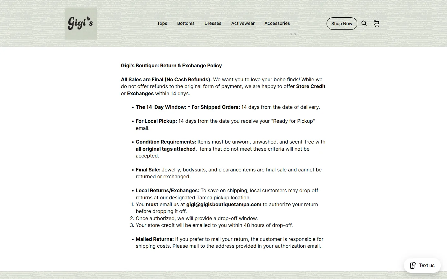 Viewport capture of Gigi's Boutique website