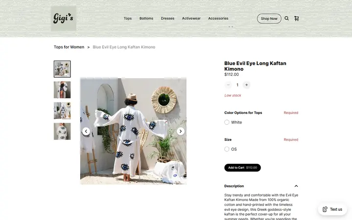 Website page titled Blue Evil Eye Long Kaftan Kimono | Gigi's Boutique