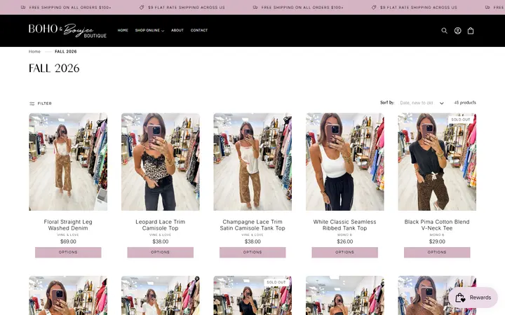 Website page titled FALL 2026 – Boho and Boujee Boutique