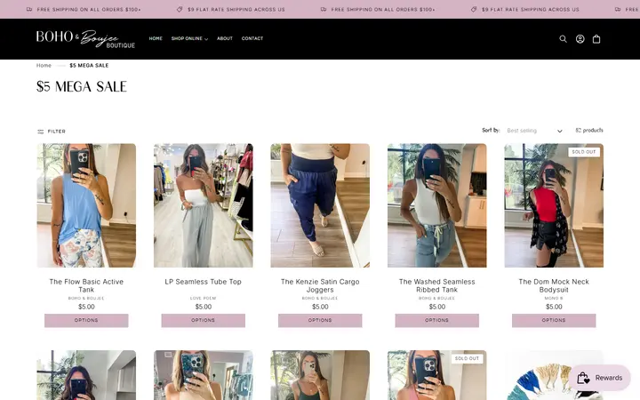 Website page titled $5 MEGA SALE – Boho and Boujee Boutique