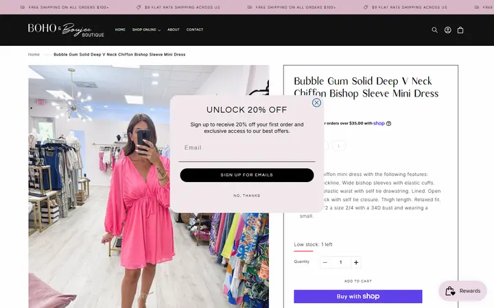 Website page titled Bubble Gum Solid Deep V Neck Chiffon Bishop Sleeve Mini Dress – Boho and Boujee Boutique