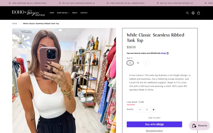Website page titled White Classic Seamless Ribbed Tank Top – Boho and Boujee Boutique