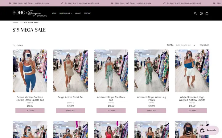 Website page titled $15 MEGA SALE – Boho and Boujee Boutique