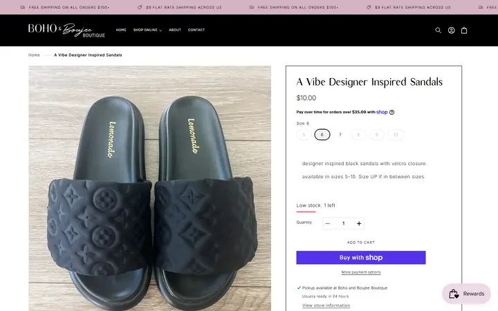 Website page titled A Vibe Designer Inspired Sandals – Boho and Boujee Boutique