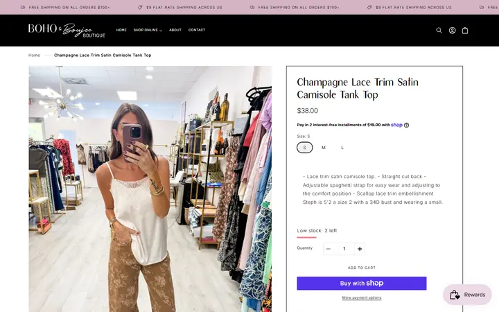 Website page titled Champagne Lace Trim Satin Camisole Tank Top – Boho and Boujee Boutique