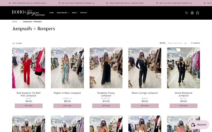 Website page titled Jumpsuits + Rompers – Boho and Boujee Boutique