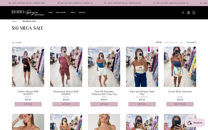 Website page titled $10 MEGA SALE – Boho and Boujee Boutique
