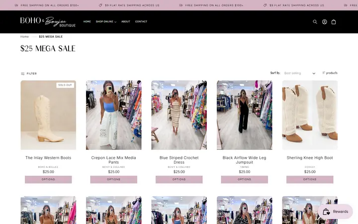 Website page titled $25 MEGA SALE – Boho and Boujee Boutique
