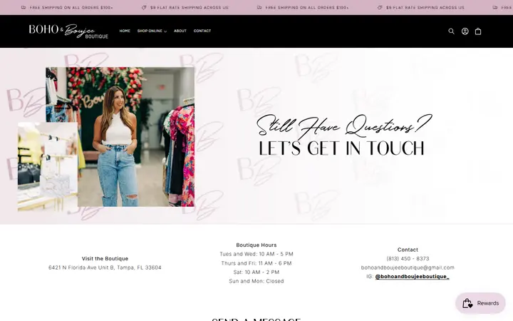Website page titled Contact – Boho and Boujee Boutique