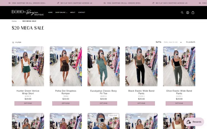 Website page titled $20 MEGA SALE – Boho and Boujee Boutique