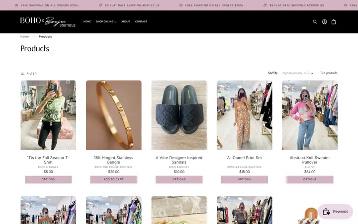 Website page titled Products – Boho and Boujee Boutique