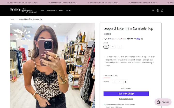 Website page titled Leopard Lace Trim Camisole Top – Boho and Boujee Boutique