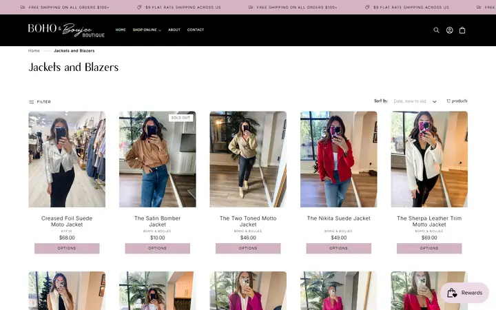 Website page titled Jackets and Blazers – Boho and Boujee Boutique