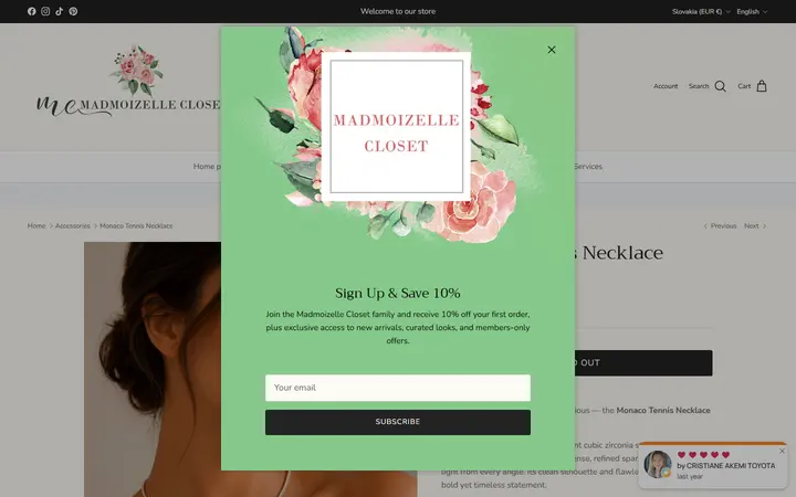 Website page titled Monaco Tennis Necklace – Madmoizelle Closet