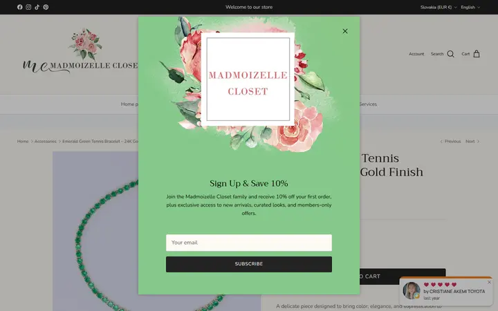 Website page titled Emerald Green Tennis Bracelet – 24K Gold Finish – Madmoizelle Closet