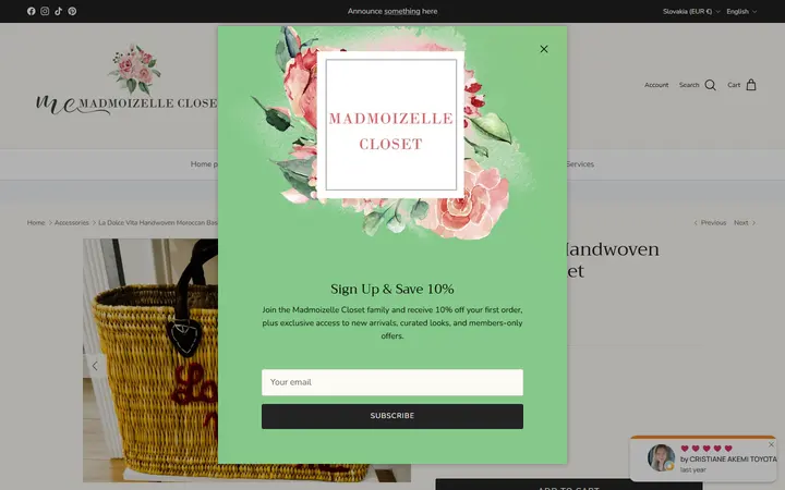 Website page titled La Dolce Vita Handwoven Moroccan Basket – Madmoizelle Closet