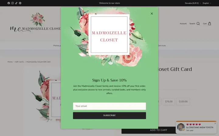 Website page titled Madmoizelle Closet Gift Card
