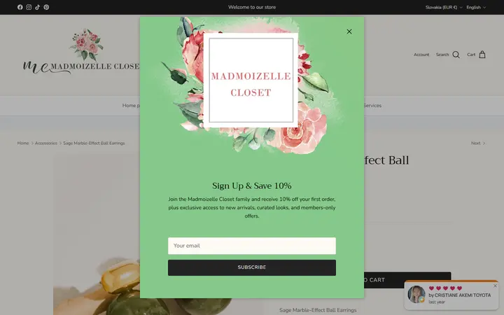 Website page titled Sage Marble-Effect Ball Earrings – Madmoizelle Closet