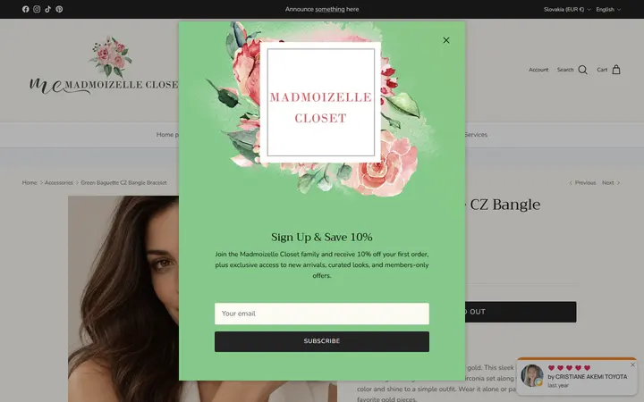 Website page titled Green Baguette CZ Bangle Bracelet – Madmoizelle Closet
