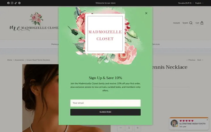 Website page titled Amore Heart Tennis Necklace – Madmoizelle Closet