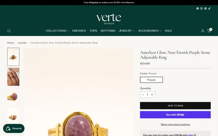 Website page titled Amethyst Glow: Non-Tarnish Purple Stone Adjustable Ring – Verte Boutique