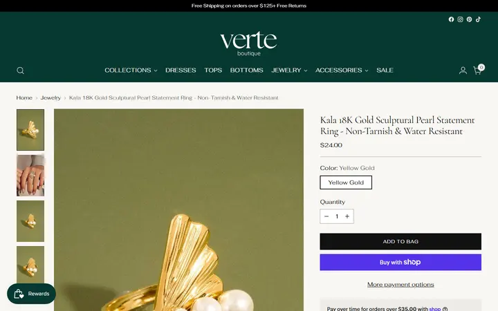 Website page titled Kala 18K Gold Sculptural Pearl Statement Ring - Non-Tarnish & Water Re – Verte Boutique