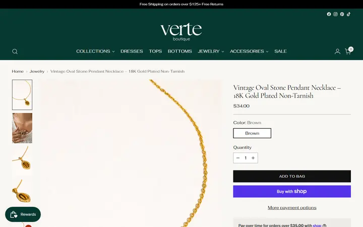 Website page titled Vintage Oval Stone Pendant Necklace – 18K Gold Plated Non-Tarnish – Verte Boutique