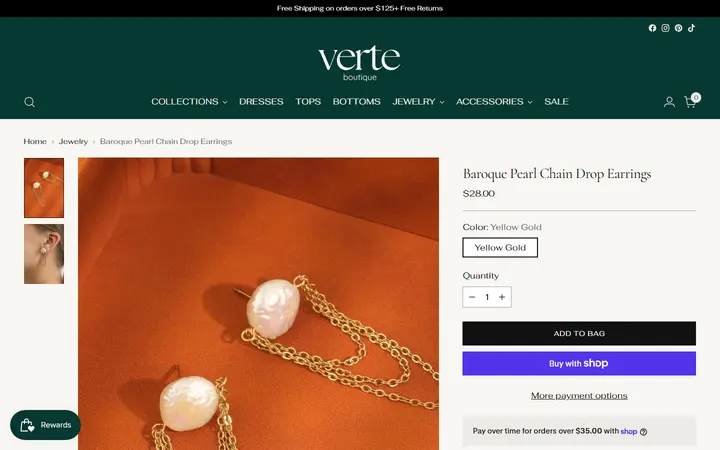 Website page titled Baroque Pearl Chain Drop Earrings – Verte Boutique