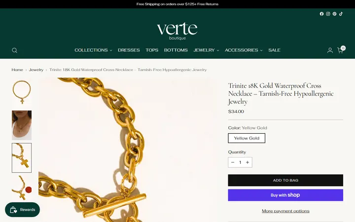 Website page titled Trinite 18K Gold Waterproof Cross Necklace – Tarnish-Free Hypoallergen – Verte Boutique
