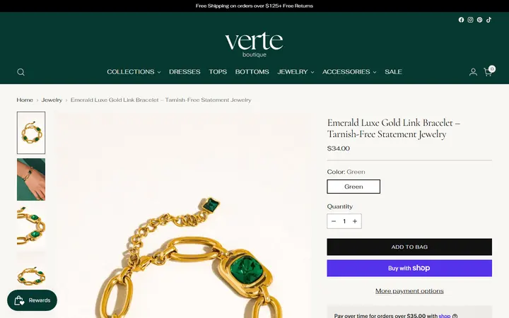 Website page titled Emerald Luxe Gold Link Bracelet – Tarnish-Free Statement Jewelry – Verte Boutique