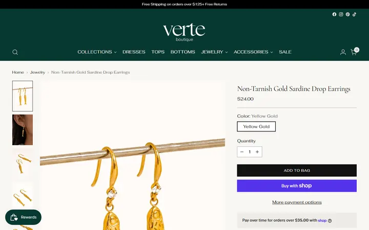 Website page titled Non-Tarnish Gold Sardine Drop Earrings – Verte Boutique