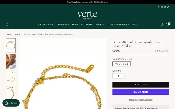 Website page titled Pennie 18K Gold Non-Tarnish Layered Chain Anklets – Verte Boutique