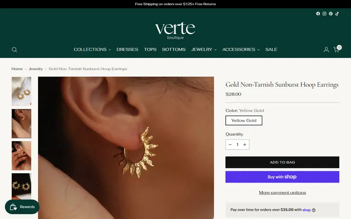 Website page titled Gold Non-Tarnish Sunburst Hoop Earrings – Verte Boutique