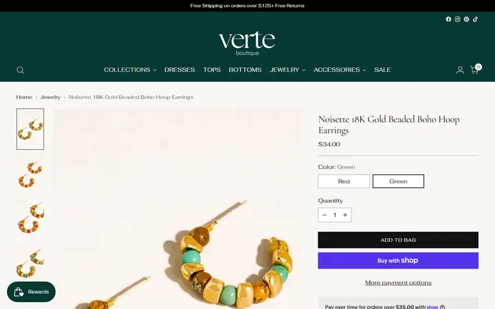 Website page titled Noisette 18K Gold Beaded Boho Hoop Earrings – Verte Boutique