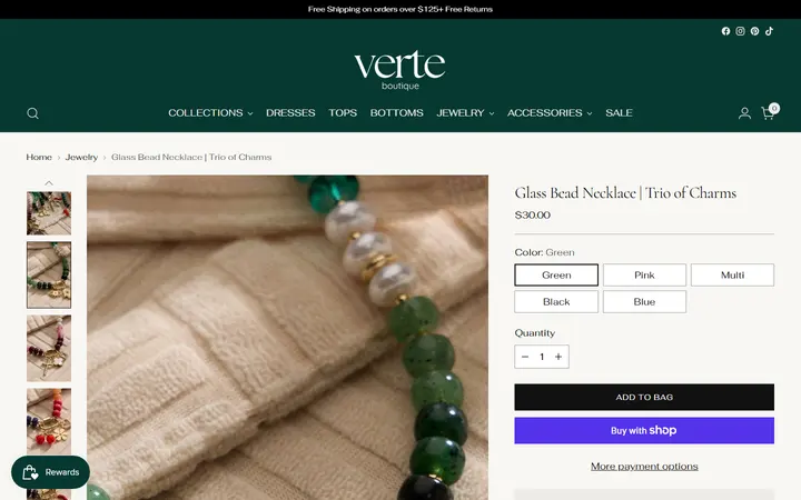 Website page titled Glass Bead Necklace | Trio of Charms – Verte Boutique