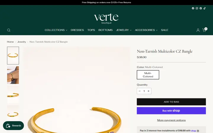 Website page titled Non-Tarnish Multicolor CZ Bangle – Verte Boutique
