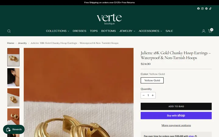 Website page titled Juliette 18K Gold Chunky Hoop Earrings – Waterproof & Non-Tarnish Hoop – Verte Boutique