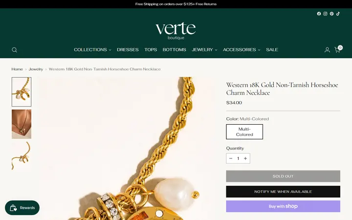 Website page titled Western 18K Gold Non-Tarnish Horseshoe Charm Necklace – Verte Boutique
