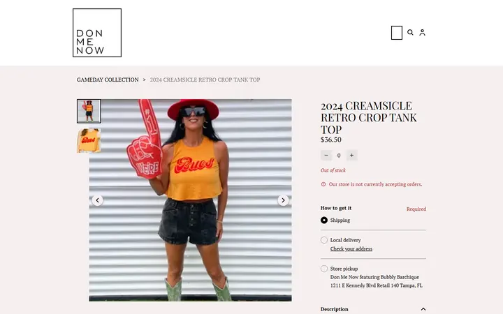 Website page titled 2024 CREAMSICLE RETRO CROP TANK TOP | DONMENOW