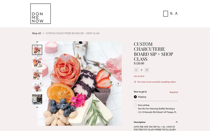 Website page titled CUSTOM CHARCUTERIE BOARD SIP + SHOP CLASS | DONMENOW