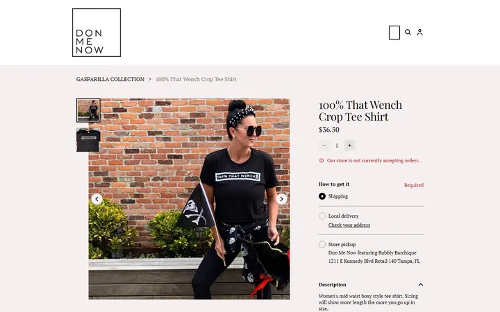 Website page titled 100% That Wench Crop Tee Shirt | DONMENOW