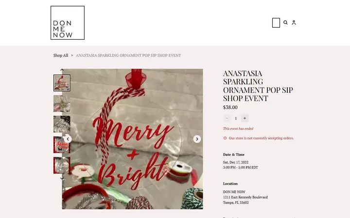 Website page titled ANASTASIA SPARKLING ORNAMENT POP SIP SHOP EVENT | DONMENOW